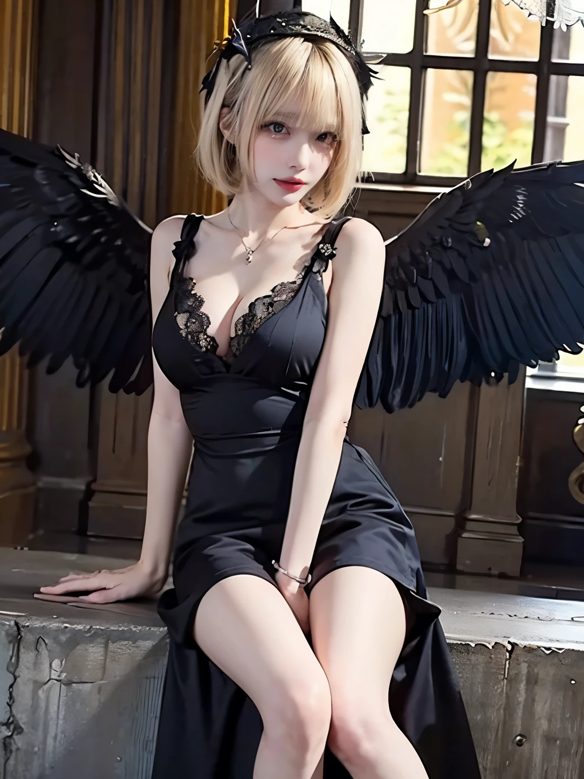 8K, Raw photo, Photorealistic, (Detailed skin, Best Quality:1.2), seductive succubus, (black wings), Teenage girl with black wings, in old church, ((black camisole dress, lace dress)), (black head dress, blonde bob hairstyle:1.3, bangs), (cleavage, skinny body, pale skin), thighs, sunset light