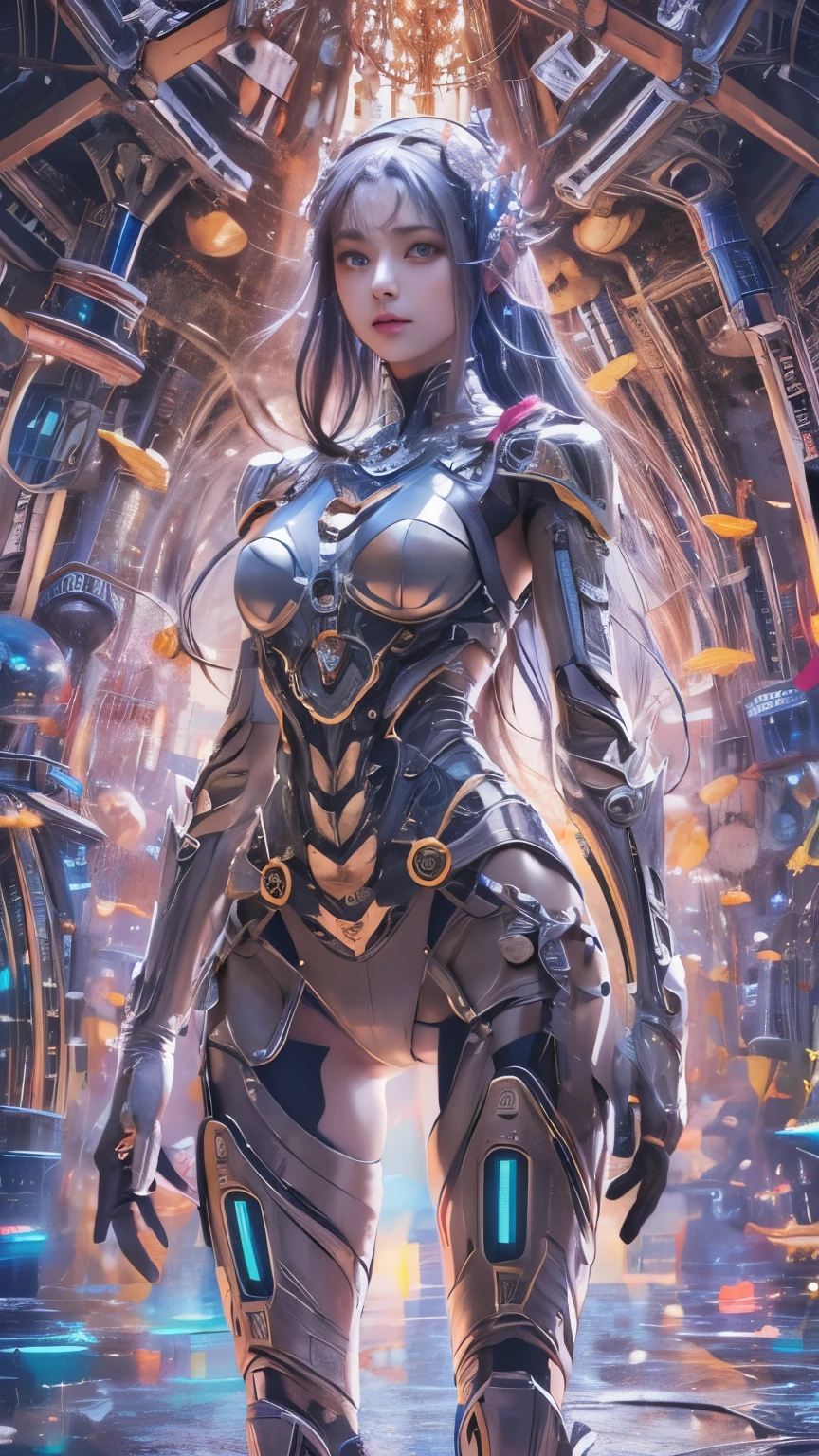 Scene magnificent, robot background, beauty in front, Asian face, long hair, futuristic technology, surrealism, ultra hd,