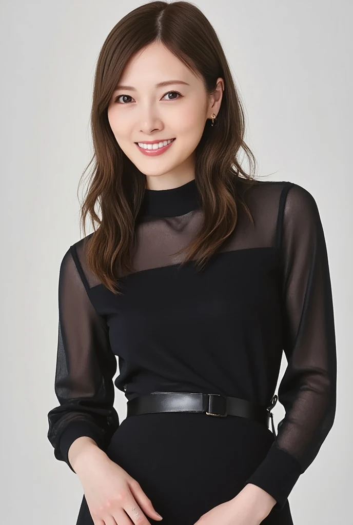 8k, RAW Photo, Best Quality, Masterpiece:1.2),(Realistic, photo-realistic:1.37), Super Detail, She is wearing tight thin fitting transparent black long sleeve turtleneck , no pants, transparent black pantyhose, cinematic lighting, ecstacy face, monotone background, facing front, smiling, portrait, dressed up to the belly button, dressed up to the neck
