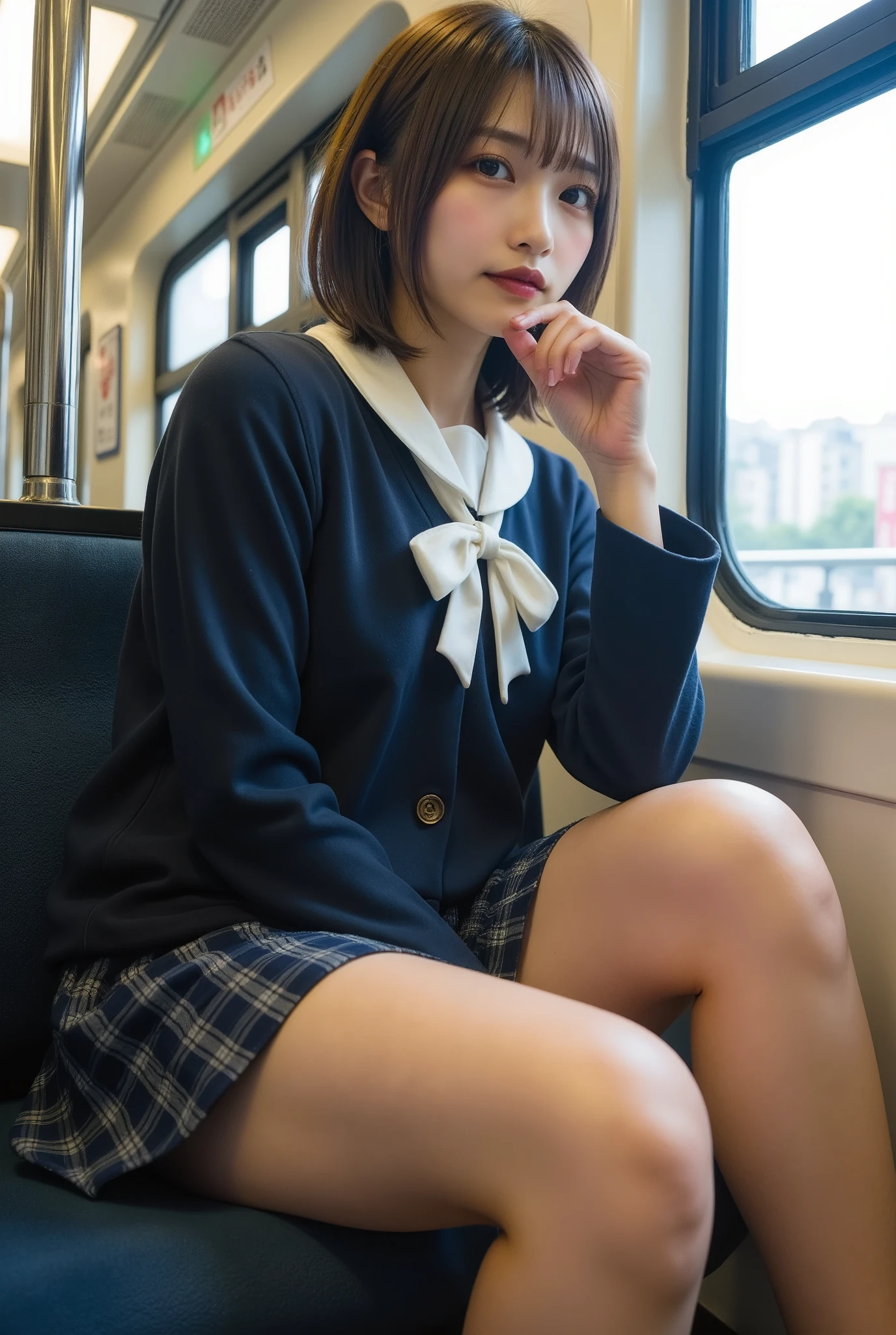 A hyper-realistic, photorealistic depiction of a Japanese high school girl sitting on a train seat. She is wearing a traditional school uniform, including a navy-blue blazer, white shirt, pleated skirt, and a neatly tied ribbon or bow. Her black hair is styled simply, and she looks out of the window with a thoughtful expression. Her thighs are prominently visible, appearing fair, smooth, and slightly emphasized with realistic lighting and texture. The train interior is modern and clean, with metal handrails, overhead advertisements, and soft natural lighting that creates a realistic and authentic atmosphere. The background shows faint glimpses of an urban cityscape through the window, with buildings and trees blurred by motion.