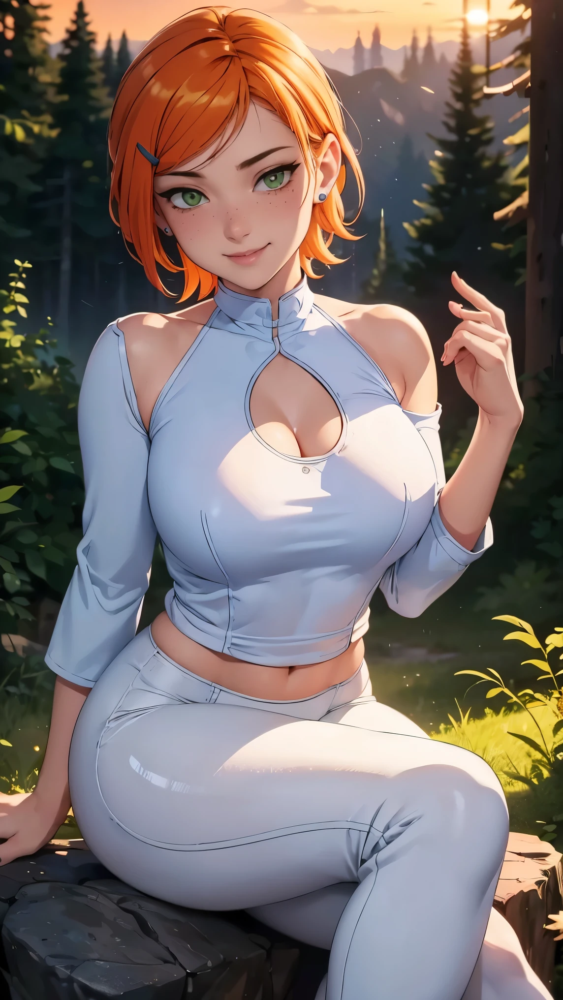 Gwen tennyson,(best qualityer,4K,8k,high resolution,work of art:1.2)(weather: sunset), forest campfire background, freckles, long sleeve top, tight white pants, sneakers, short curly hair, ginger hair, ultra detailed,realisitic,portraite,beautiful detailed green eyes, glowing eyes,blush,beautiful detailed lips,extremely detailed eye and face, long eyelashes,average, medium breasts,beaming smile, sexy smile,powerful girl, flirty pose, stunning curves,bright coloured,dramatic lighting, hair pin, earrings, sitting,