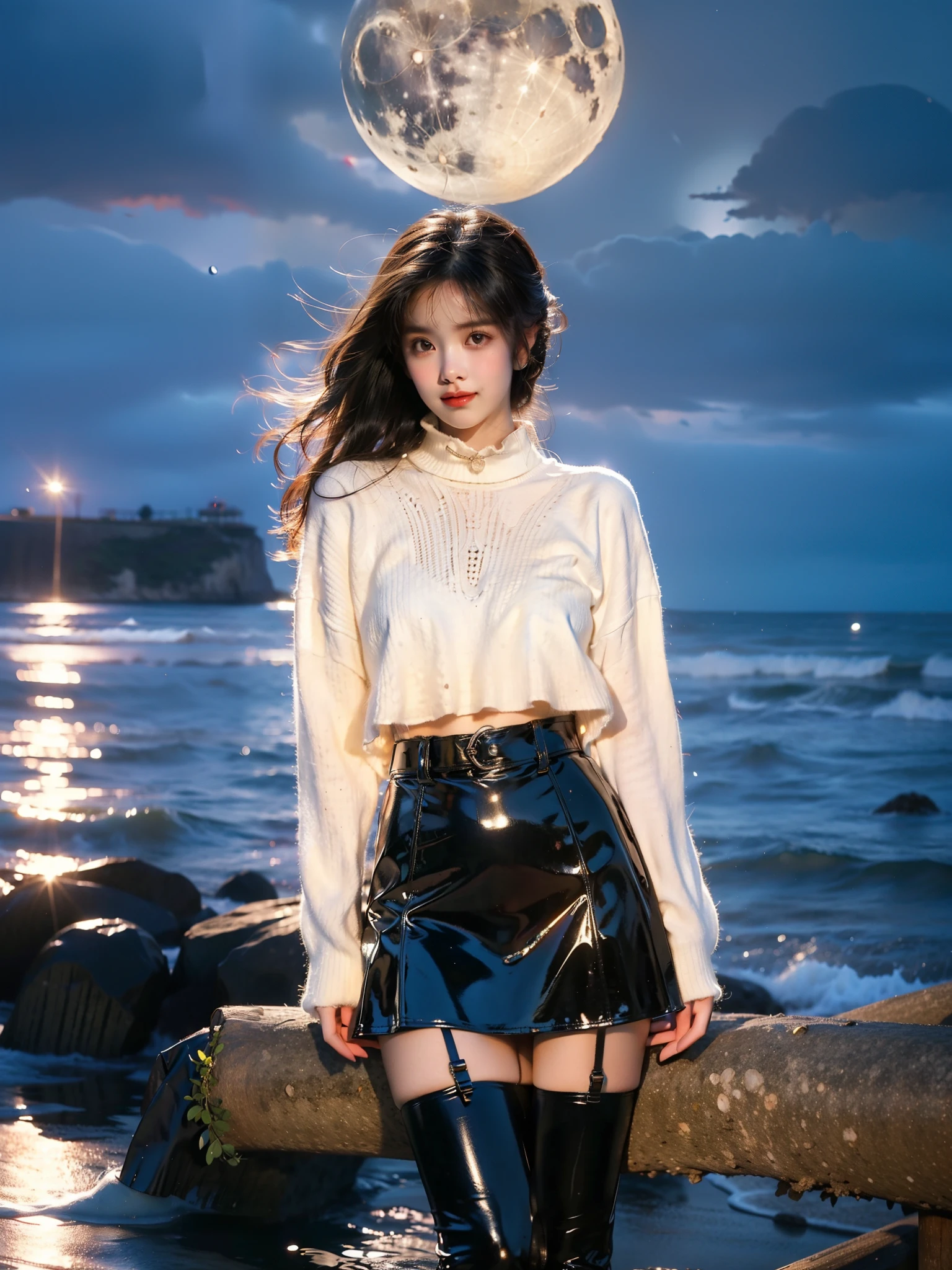 wh1t3,worn white sweater,black latex thighhighs,black skirt, black platform boots, ((cowboy shot)), ((from below)), A young woman standing gracefully at the beach under the moonlight, her silhouette softly illuminated by the warm, gentle glow of the moon.   She is slightly turned to the side, striking an elegant pose.   One hand lifts her hair, her head tilting slightly to reveal a confident and sweet smile.   Her posture is light and lively, with one leg naturally supporting her body while the other bends slightly back, her toe delicately touching the ground.   and the moonlight caresses her long hair, creating a warm and dreamy atmosphere.   Waves gently lap at the shore in the background, adding serenity to the scene.