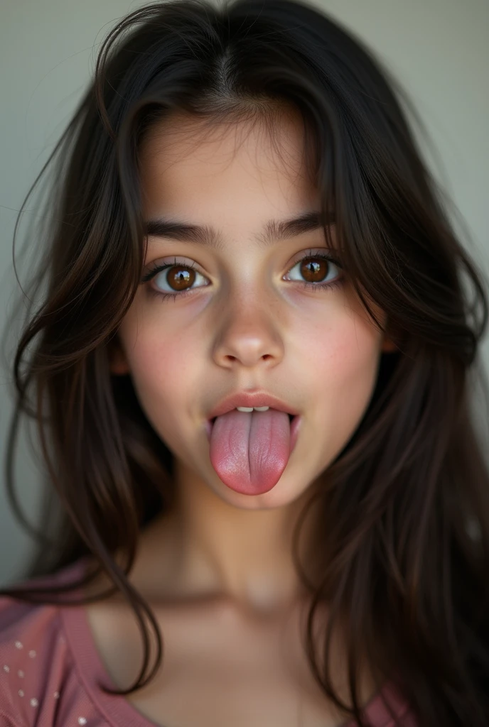A 14 year old girl, She is touching her big , has a sexual pose,she is blushing,has long black hair, clear brown eyes,She is showing and touching her ass, sticks out tongue excitedly