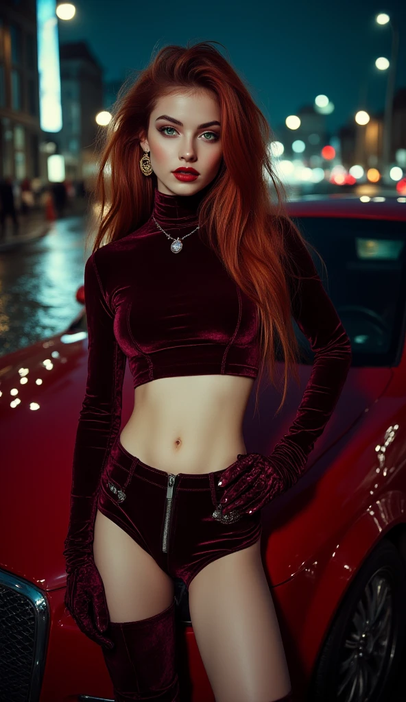 Surreal and cinematic picture of a young scandinavian slim fit young teen girl, round face with thick lips of a dark wine red color, super slim waist, extremly long skinny legs, navel percing, big gold ear ring, blushing cheeks, very long straight dark ruby red hair , porcelain white skin, emerald green eyes, long eyelashes, posing leaning on the hood of a red high-end car wearing a tight, long-sleeved, wine-colored velvet crop top, Wine colored velvet mini skirt and wine colored velvet knee high boots, city at night 