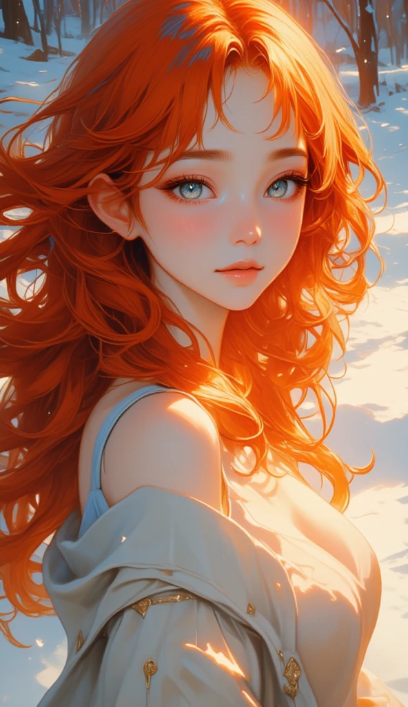 masterpiece、 best quality、 Beautiful Women、 one girl who is at ease、Young girl 、  Details_face_pupil、かわいいface、 woman wearing red hair and sweater posing in the snow , flowing  redhead,  redheadの,  orange skin and long flaming hair ,  redhead,  redhead,  redhead and fur,  redheadのウェーブヘア, wild  redhead, long  redhead,  redheadの女性,  she has long reddish orange hair,  redheadの少女,  long orange hair ,  long shiny red hair 