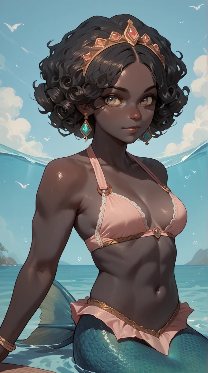 black skin, mermaid, black, curly black hair, African ancestry, light pink and light blue scales