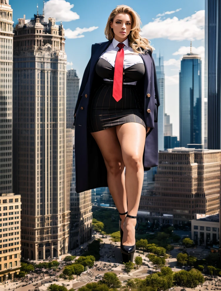 A stylish woman in a black pinstripe skirt suit, white shirt, and a large wide  striped necktie in a windsor knot, with a beautiful, curvaceous figure, massive breasts, and long blonde wavy hair, with a curvaceous figure and massive breasts. wearing red rounded platform high heels with uncovered feet and standing, rampage-like pose, with a cityscape background of mega-city, partially obscured by a hazy, cloudy atmosphere. The image is a high-resolution, masterpiece-quality, cinematic, ultra-detailed, and hyper-photorealistic photograph, with perfect hands, face, and lighting. ultra-detailed, 8K, photo-realistic, hyper-realistic, masterpiece, intricate details, full body view. Looking at camera, The image is a high-resolution, masterpiece-quality, cinematic, ultra-detailed, and hyper-photorealistic photograph, with perfect hands, face, and lighting. ultra-detailed, 8K, photo-realistic, hyper-realistic, masterpiece, intricate details, full body view