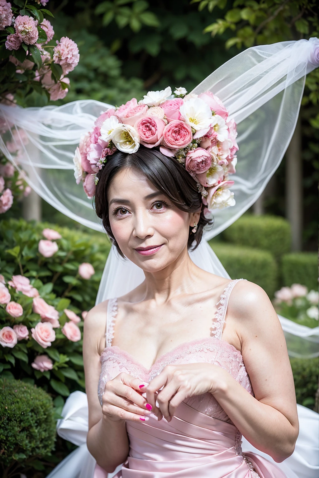 ((Masterpiece)), ((Best Quality)), A middle-aged short-hair woman, ((She is wearing an ornamental wedding dress)), She is wearing gloves on her hands., outdoor, She is in a garden. She is wearing a big necklace. (((topless)))