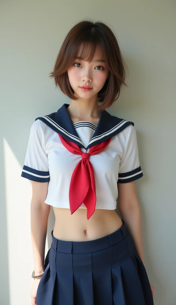 1girl, idol, close-up,photo, film, depth of field, model, looking at viewer,realistic,(((NSFW))),1 girl,cute,(((no sleeves))),flat chest,small breasts,mini T shirt,bare chest,(((exposed chest))),bare ribs,full body,blonde hair,cute,slender,thin body,bare stomach,(((no bra))),visible underarms,T shirt,skirt,(((visible lower abdomens))),nipple slip,(((visible mons pubic))),(((serafuku))),sailor collar,skirt,(((low rise skirt))),underboob,standing,bare navel,slender,(((thin body))),skiny,school uniform,