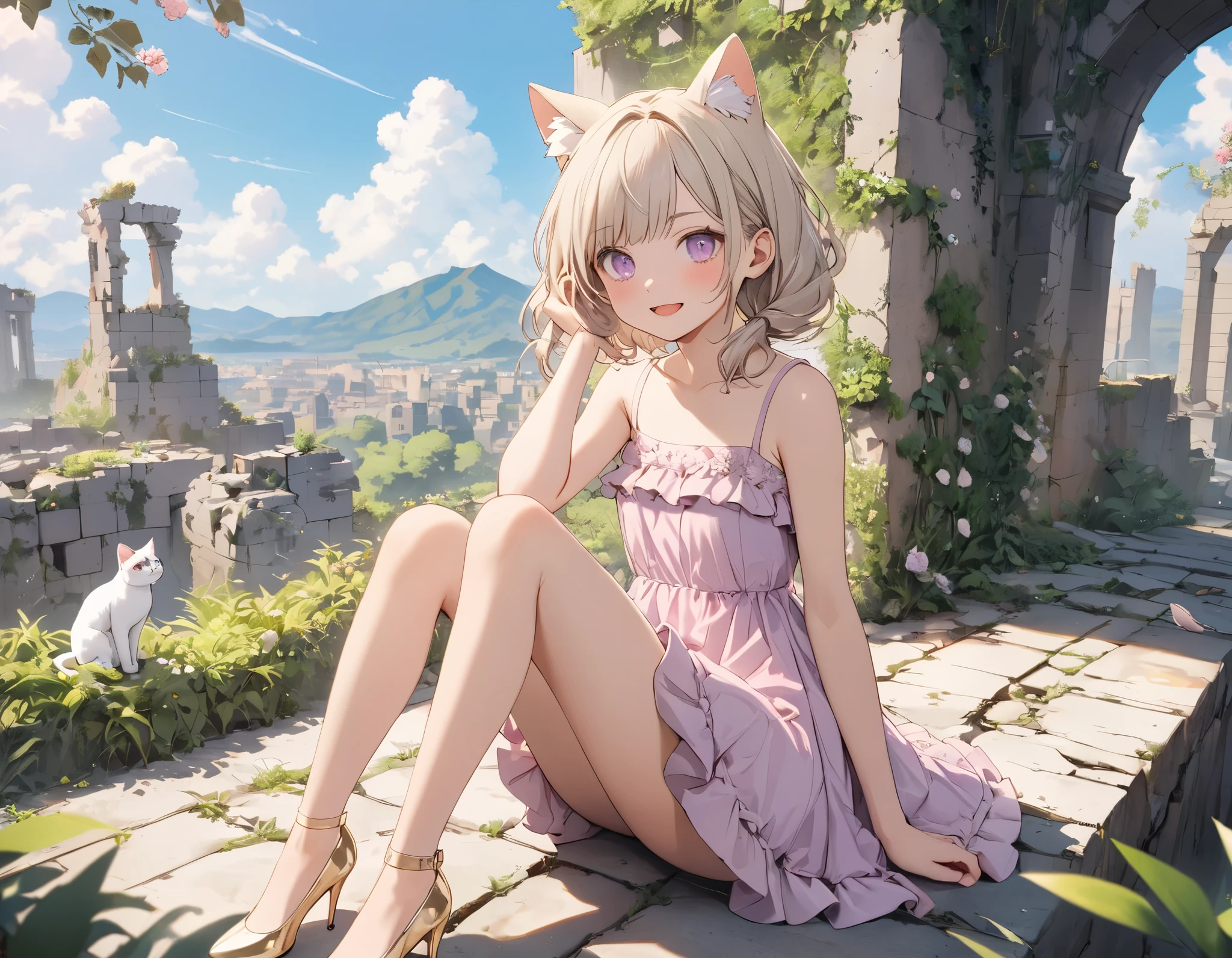 ((Masterpiece)), ((best quality)), (ultra-detailed), ((kawaii)), ((extremely detailed)), 4K, (8K), (super detail:1.2),(High Definition:1.3), (Professional Photography:1.2), (very aesthetic:1.2), (absurdres:1.2), (wide shot), cinematic lighting, (sharp focus), (perfect light), ((1girl)), ((12 years old)),8K, Glossy skin, cinematic lighting, 1girl, wide-shot, (Knit fabric tank top), (Cute innocent teenage girl), slendar body, small breast, glossy medium hair, (loose blunt bangs), ((:3)), open mouth, fang out, (grinning), beautiful collarbones, (slightly exposed shoulders), (put on Cat ears), pale brown hair, Hair that flutters in the wind, BREAK, ((best quality)), ((extremely detailed)), wide shot, (Relaxing on Zanzibar Island), sunnyday, Beautiful Horizon Background,