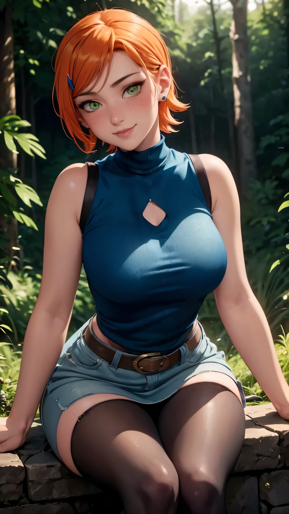 Gwen tennyson,(best qualityer,4K,8k,high resolution,work of art:1.2)(weather: sunset), forest campground background, freckles, denim vest, black shirt, striped sleeves, denim bodycon skirt, pantyhose, belt, boots, short curly hair, ginger hair, ultra detailed,realisitic,portraite,beautiful detailed green eyes, glowing eyes,blush,beautiful detailed lips,extremely detailed eye and face, long eyelashes,sexly,average, medium breasts,beaming smile, sexy smile,powerful girl, flirty pose, stunning curves,bright coloured,dramatic lighting, sitting,