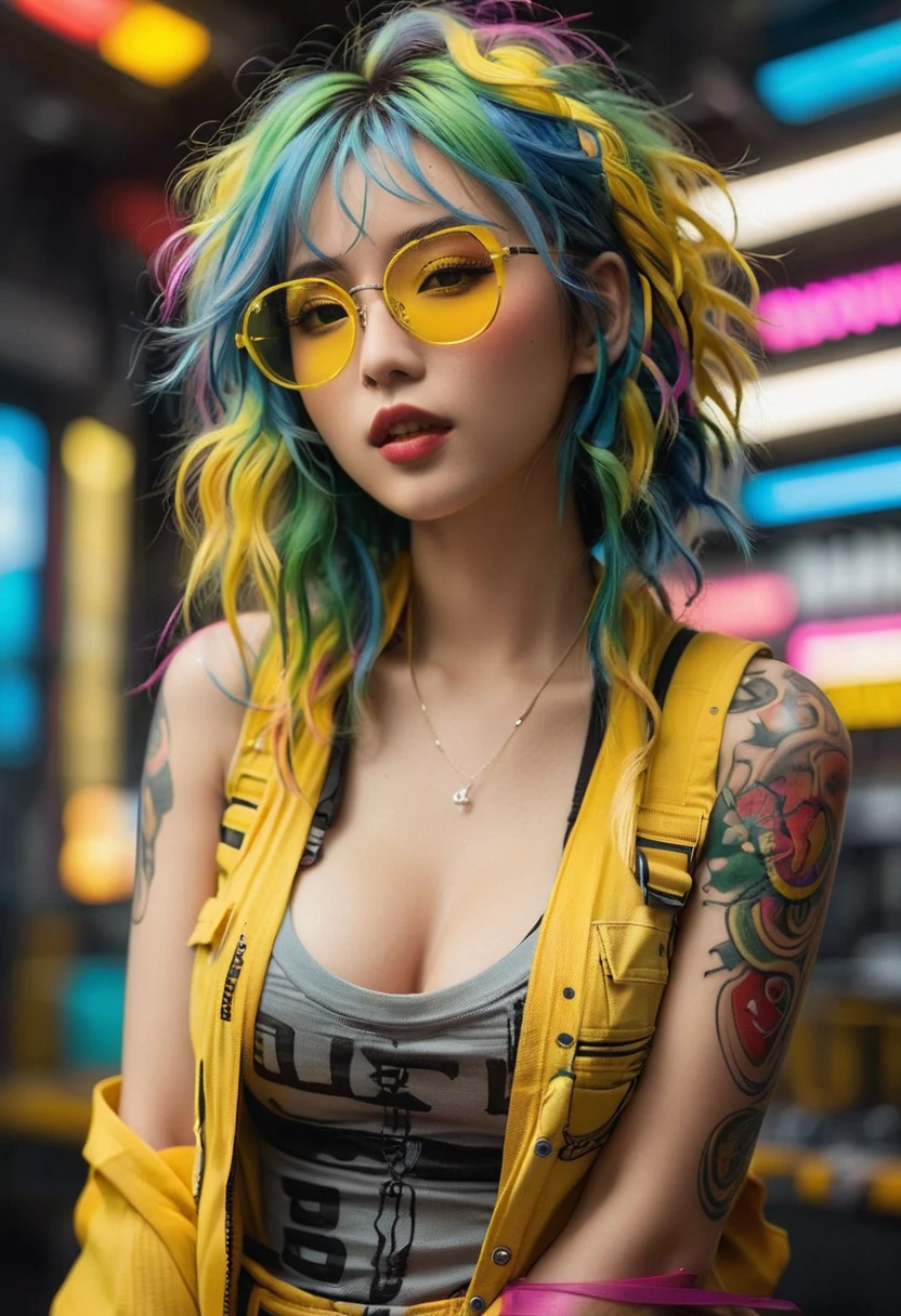 arafed woman with blue hair and a yellow hoodie sitting on a couch, ross tran 8 k, cyberpunk 2 0 y. o model girl, alena aenami and artgerm, cyberpunk art ultrarealistic 8k, cyberpunk beautiful girl, artgerm julie bell beeple, cyberpunk anime girl in hoodie, cyberpunk art style, in cyberpunk style