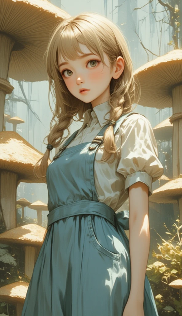 Portraiture、Tim Burton style 、不思議の国のAlice、Alice、Beige Hair、Twin French Braid、Light blue pinafore、かわいいAlice、A pale-colored world、 Mushroom Forest、