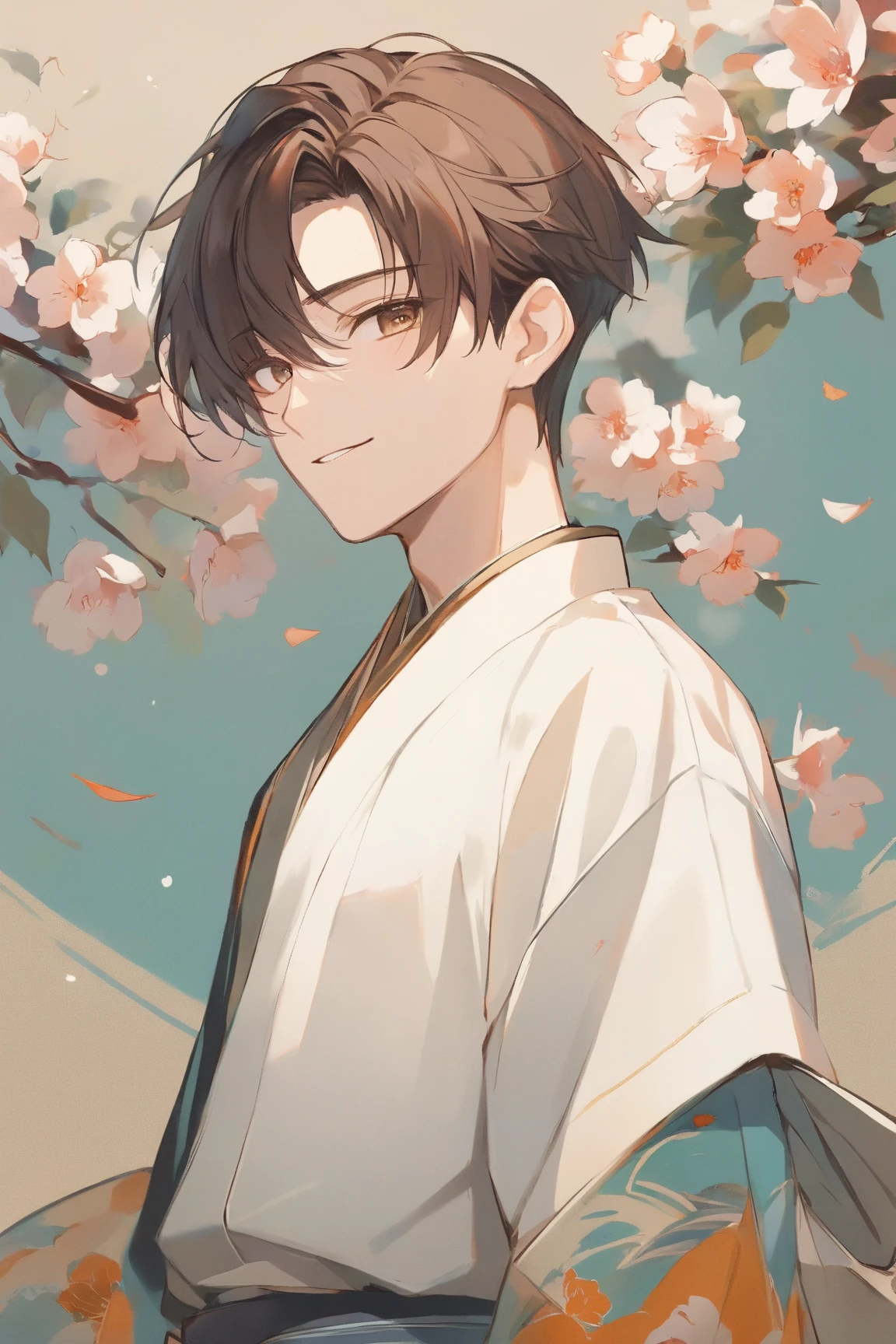 1 person,  boys,   College Student ,  handsome,   Beautiful Faces  ,  perfect eyes,   slim figure, Young people,   short hair on the side of the uniform ,  Brown Hair ,  brown eyes,  Gentle Expression 、 smiles、 stand at an angle and look to the side,   upper body、Proper ratio(7.5),  standing, kimono、kimono, 4K, Illustration work  