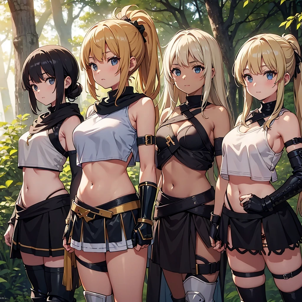 a group of  sex slaves in a slave market, only girls,  forest in the background ,four girls, sandals , close to the viewer,, sexy , multiple girls ,exposed belly, curves , black hair , blonde hair , white hair , light armor , knee pads, elbow pads,
