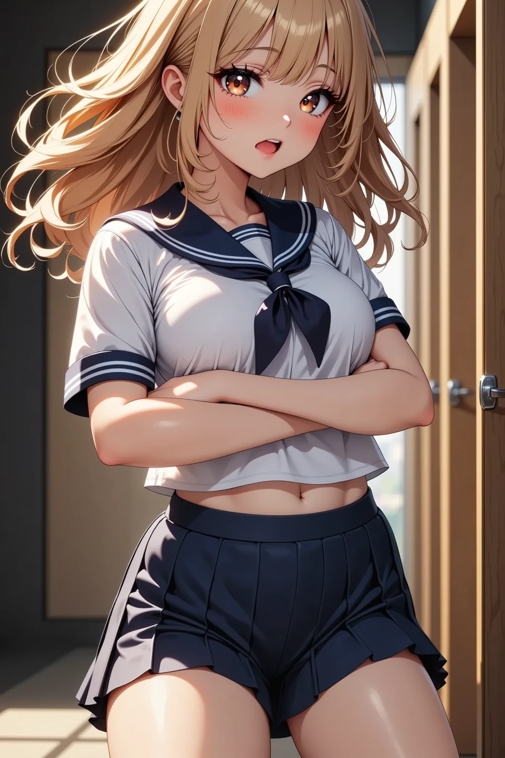 masterpiece, best quality, highly detailed, ultra high res, illustration ayase arisa, 1girl, solo, blue eyes, hair ornament, blonde hair, long hair, blush, glossy lips, cheerleader, midriff, cleavage, standing, classroom