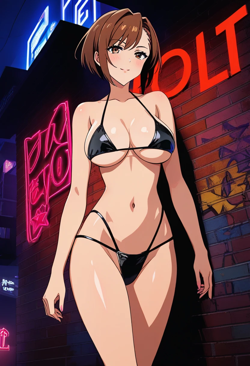 score_9, score_8_up, score_7_up, score_6_up, score_5_up, score_4_up, 1girl, Triss Merigold, (upper body), view from front, athletic, ponytail, (long black hair:1.3), (big bright blue eyes), (large breasts), facing viewer, closeup of face, seductive look, cleavage, arched back, (wearing black micro bikini, black thong, straps), standing, tiny waist, narrow hips, (flat stomach), neo tokyo well lit highrise building, filled with neon signs, well lit by red neon lights, translucid, leaning against wall, official art, masterpiece, (anime, cel-shaded), source_painted_concept_art BREAK