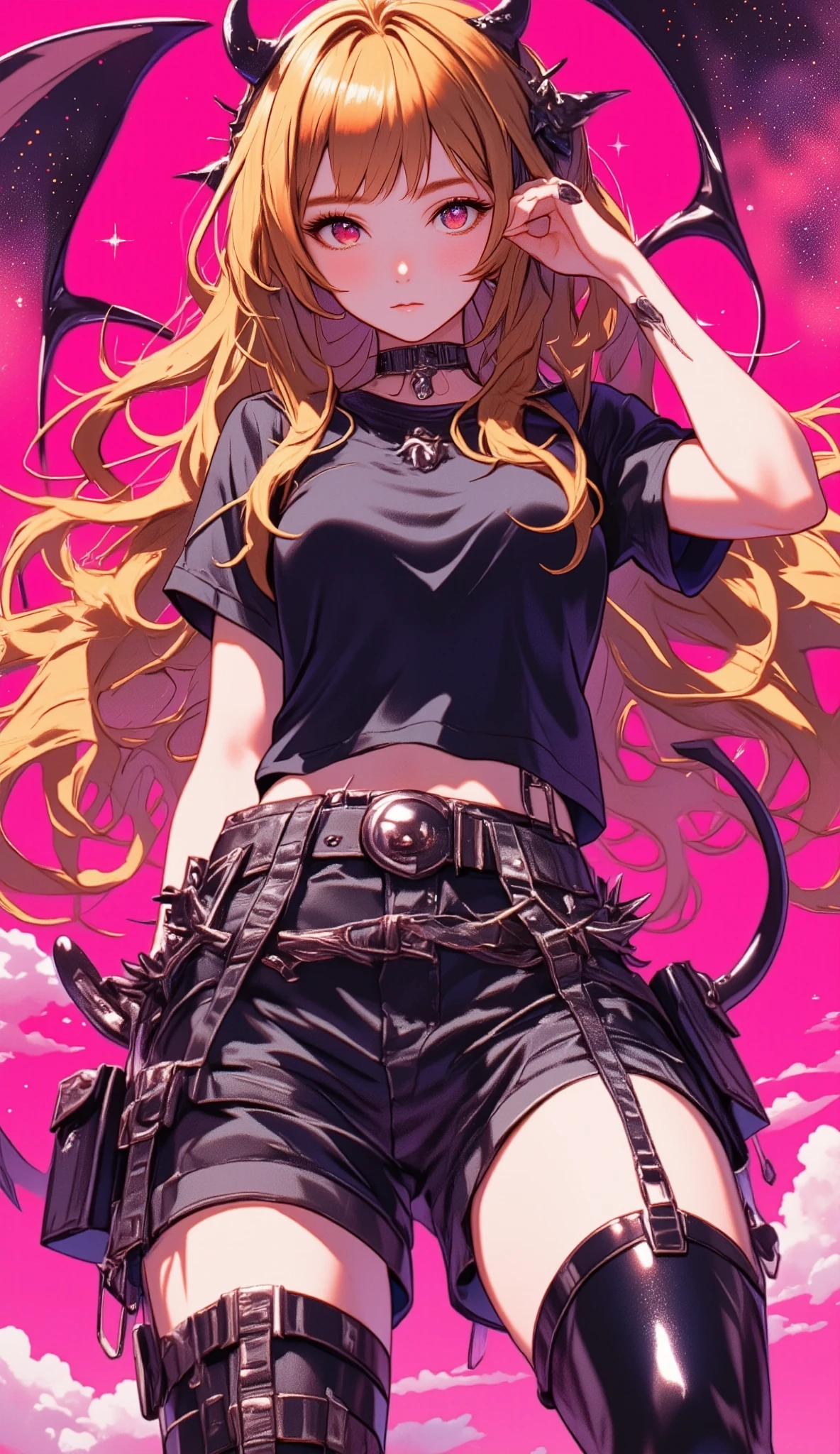  RAW photo、Realistic、 best quality、masterpiece、B pink background.  Black and white ,  Golden Striped Hair ,  super cute girl with night view in the background, red eyes. Squat,  Gothic Tee ,  Gothic Shorts ,  black boots, devil&#39;wing, devilの尻尾, Ring of Thorns ,  pink background,  anime art style ,  Detailed Illustrations,  bright color ,  soft lighting ,  focused gaze,  edgy look ,   expressive face ,  Unique style , Eye-catching, ,  detailed hair, Realistic shadows, 8k