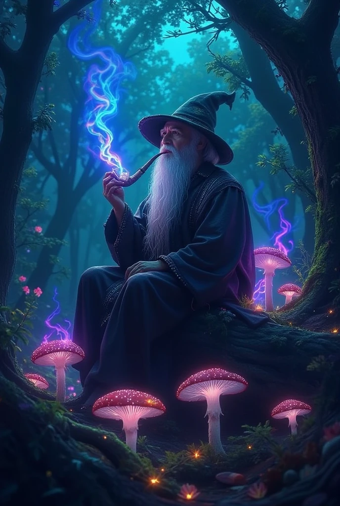 ((masterpiece)) ((photography)) ((Highest quality)) A hyper-realistic illustration of a bearded old wizard smoking. he has a majestic hat, long white beard, and wearing a wizard dress. the smoke is multi-colored and shining with magical light. he is sitting in a sark forest, around him glowing bioluminescent mushrooms. 