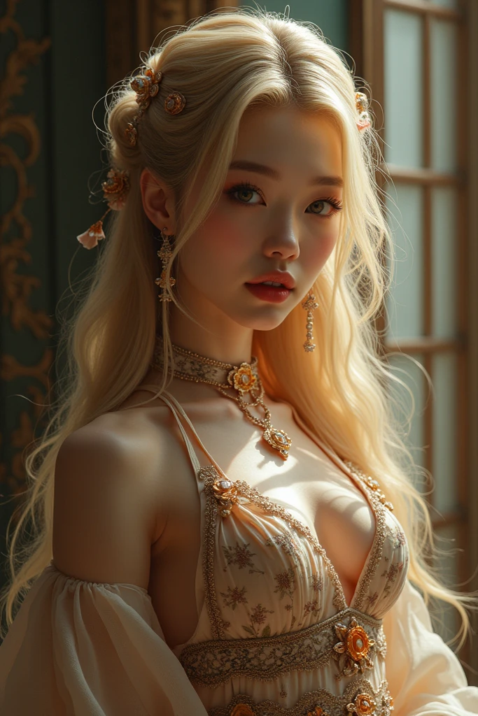 photo portrait of a beautiful woman like a nynph-sea-angel, dressed in long elegant intricate ornamental coral and shells white dress, natural skin tone, intricate fractal highly detailed coral and shells ornament in the upper side of breast, bust with a very long neck , elegant, highly detailed intricate coral and shells ornament in her blond long hair, Realistic, Refined, Highly Detailed, Cinematic pastel Lighting, fine art photography by Paolo Roversi, volumetric lighting, hyper realistic photography