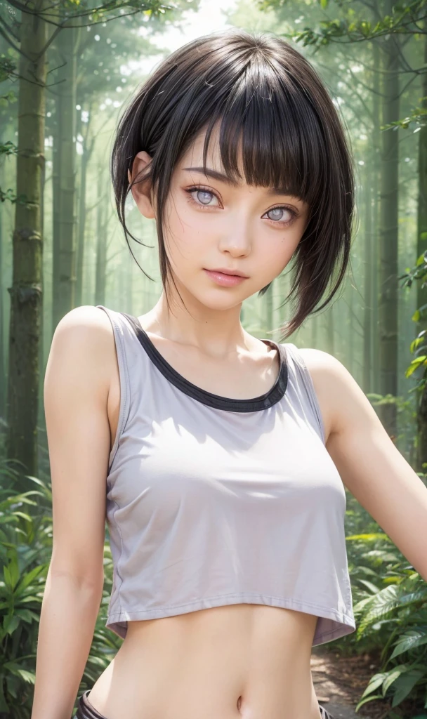 masterpiece, best quality, (realistic,photo-realistic:1.4), (RAW photo:1.2), extremely detailed CG unity 8k wallpaper, delicate and beautiful, amazing,finely detail, official art, absurdres, incredibly absurdres, huge filesize, ultra-detailed,extremely detailed eyes and face,light on face,hinata,(little smile),(black hair:1.4),(buzz-cut hair:1.6),(forest backgrouund:1.4),(byakugan eyes:1.5),(tanktop:1.4)