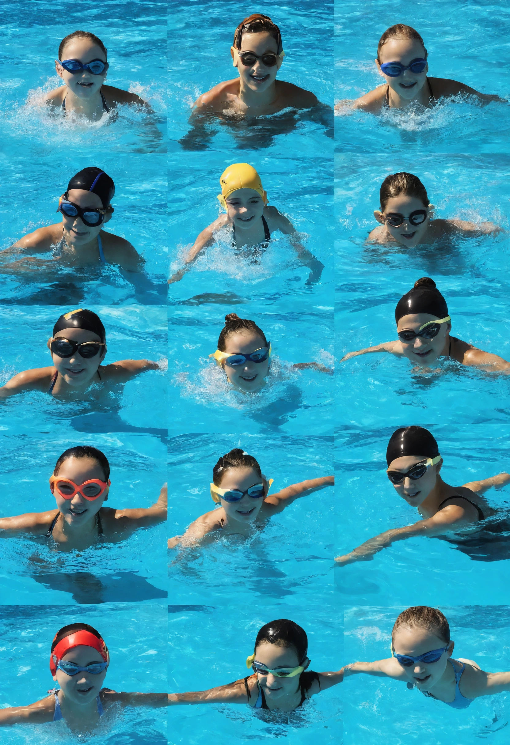 imagem: Swimming teacher with 13-year-old student in pool, wearing swimming goggles and an outdoor board, com estilo realista.