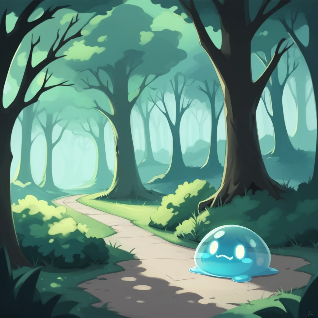 masterpiece, best quality, ultra-detailed, sharp focus, anime style, digital painting, highly detailed, single character, slime creature,Amorphous body, bright blue, semi-transparent body, glowing bright blue core, jelly-like texture, smooth and shiny surface, round and bouncy shape, soft reflections, magical aura, in a dense forest, sunlight filtering through the trees, mossy ground with flowers, midday lighting, gentle sunbeams, soft natural shadows, vibrant colors, serene and magical atmosphere.
