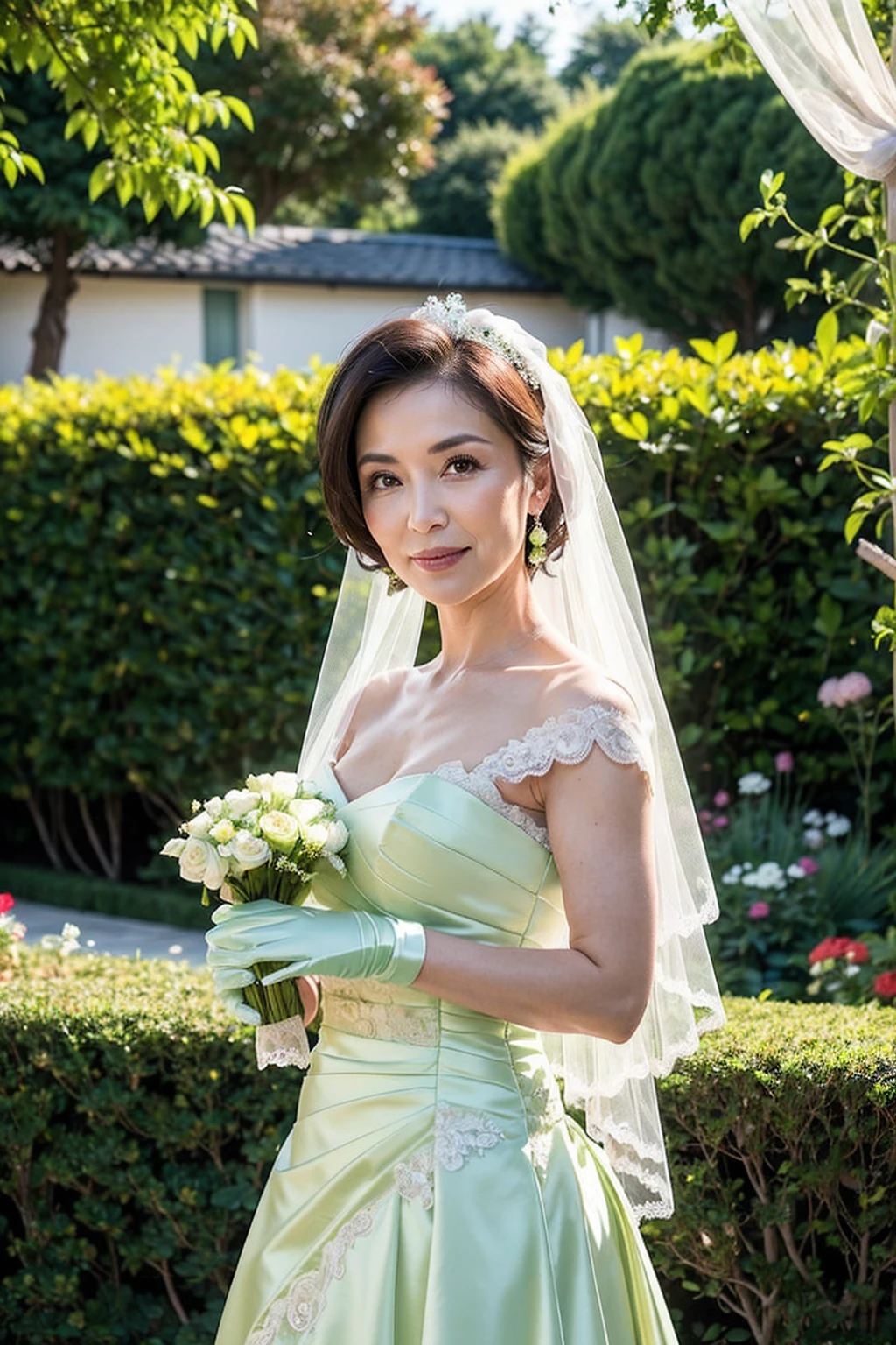 ((Masterpiece)), ((Best Quality)), A middle-aged short-hair woman, (((She is wearing a light green wedding dress))), in a garden, white gloves on her hands, Asian, dark eyes, white veil, from side