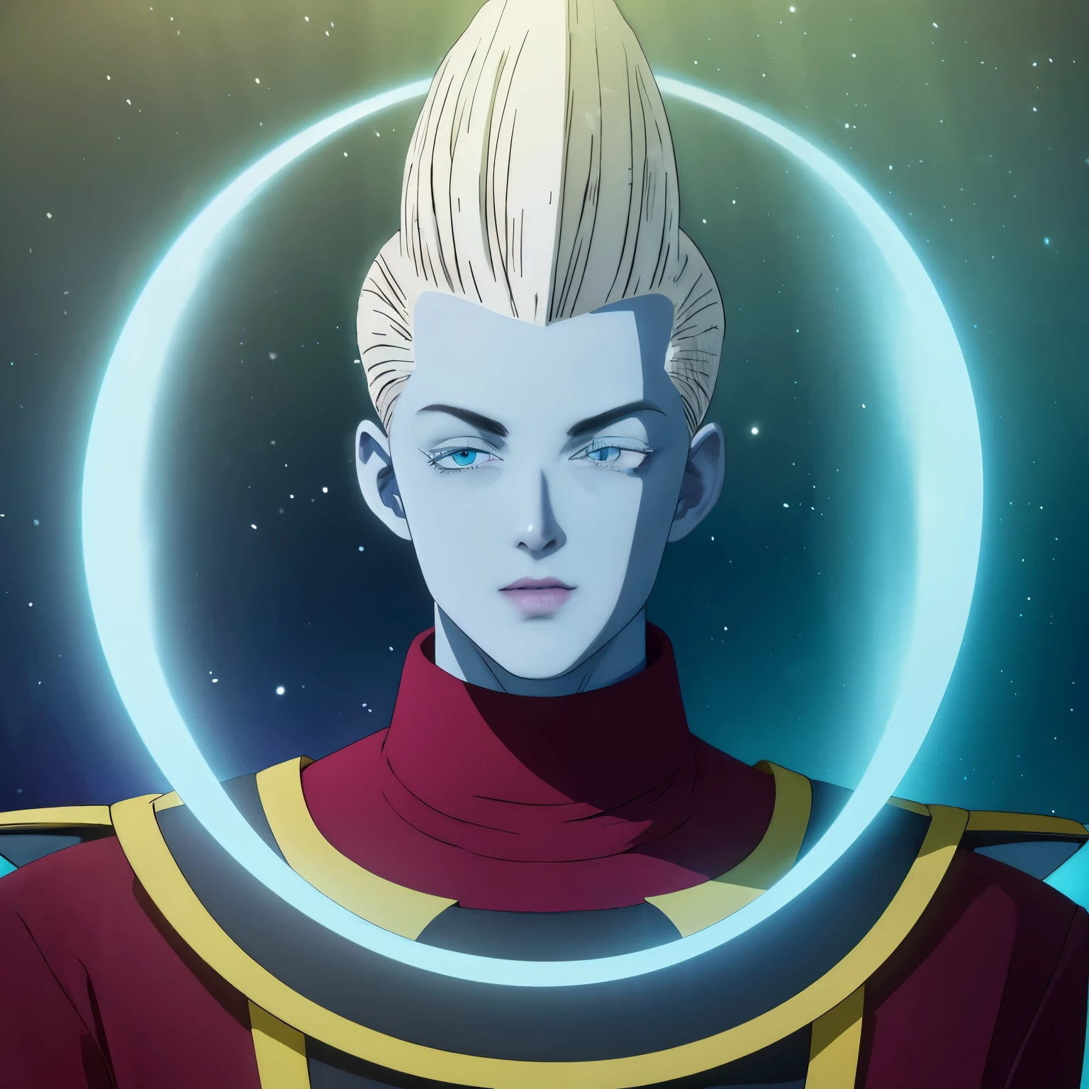  "A hyper-realistic portrait of a character inspired by Whis, portrayed as a tall, graceful, and otherworldly figure with a serene and composed demeanor. His pale, porcelain-like skin has a flawless, radiant quality, reflecting his divine nature. His light blue complexion contrasts beautifully with his striking, glowing lavender eyes, which exude wisdom and calm authority. His white, sleek hair is styled in a perfectly groomed pompadour, defying gravity with an ethereal glow. He wears an elaborate outfit consisting of a dark red and black robe with intricate gold and white detailing, featuring angular patterns and a high collar that enhances his regal and celestial appearance. Around his neck floats a glowing, circular halo with a soft bluish hue, adding an otherworldly touch. The background is a cosmic scene with subtle nebulae and starry skies, blurred to maintain focus on his serene expression and ornate attire. The lighting is soft and diffused, accentuating the texture of his outfit and the soft glow of his skin and halo. Captured in ultra-high-definition, with intricate detailing on his clothing, hair strands, and facial features for a divine, photorealistic effect."

