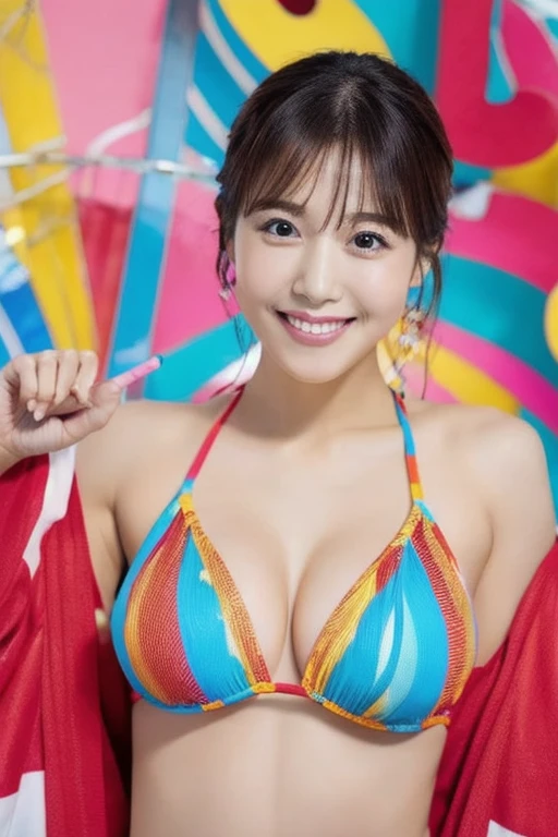 Navel:2、Colorful patterned bikini:2、 Beautiful Boobs :2、 boob emphasis:2、 Model Pose :2、whole body:2、  Japanese、  College Student 、 1 woman、Big Eyes、 holding a spear 、 Thick lips、 beautiful face、shame:2、 middle of chest:1.5、 Chest emphasis  :2、belly button:2、(masterpiece、 best quality、 professional lighting、  colorful background :2、   anatomically accurate,  Ultra-fine,   Very detailed ,    textured skin , ):2、 turning your gaze ,  smiles, whole body:3、Look ahead:3