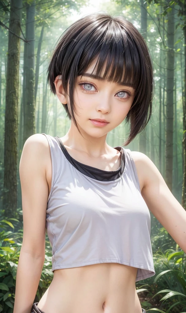 masterpiece, best quality, (realistic,photo-realistic:1.4), (RAW photo:1.2), extremely detailed CG unity 8k wallpaper, delicate and beautiful, amazing,finely detail, official art, absurdres, incredibly absurdres, huge filesize, ultra-detailed,extremely detailed eyes and face,light on face,hinata,(little smile),(black hair:1.4),(buzz-cut hair:1.7),(forest backgrouund:1.4),(byakugan eyes:1.5),(tanktop:1.4)