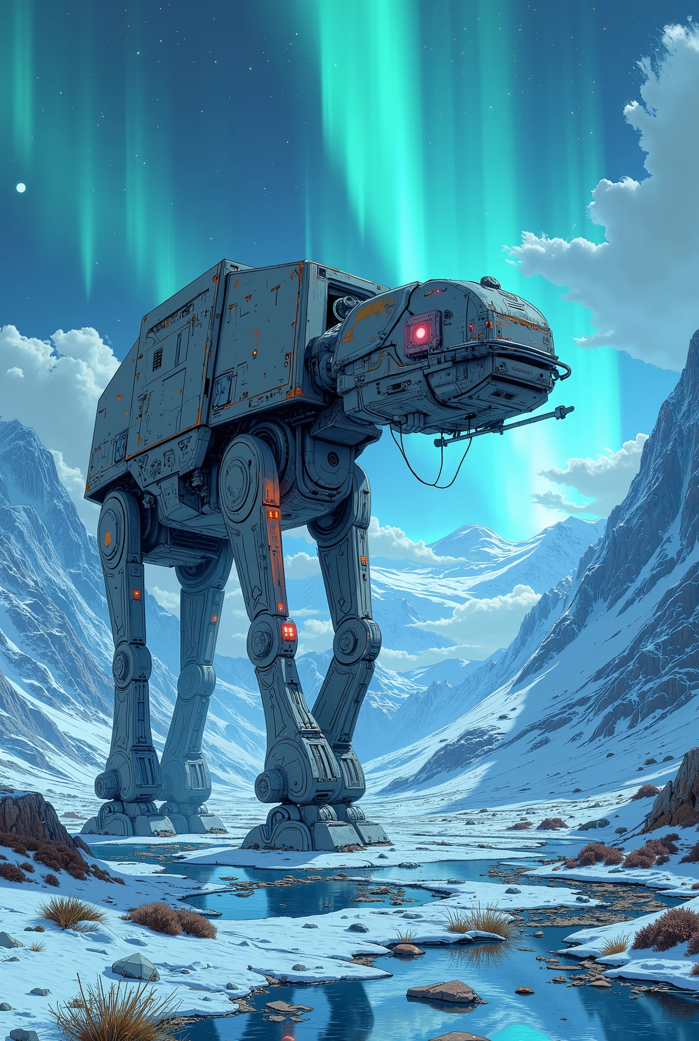 (masterpiece:1.2,Outstanding quality,Mirror finish, Cinematic Experience, super detailed),8k,16k,wallpaper,( best illustrations),( aurora above glacier:2.0),(Vivid colors:2.0),( beautiful gradation:2.0),( Star Wars:2.0),(Planet Hoth:2.0),(AT-ATウォーカーのアップ:2.0),( dynamic:2.0),(From below:2.0)