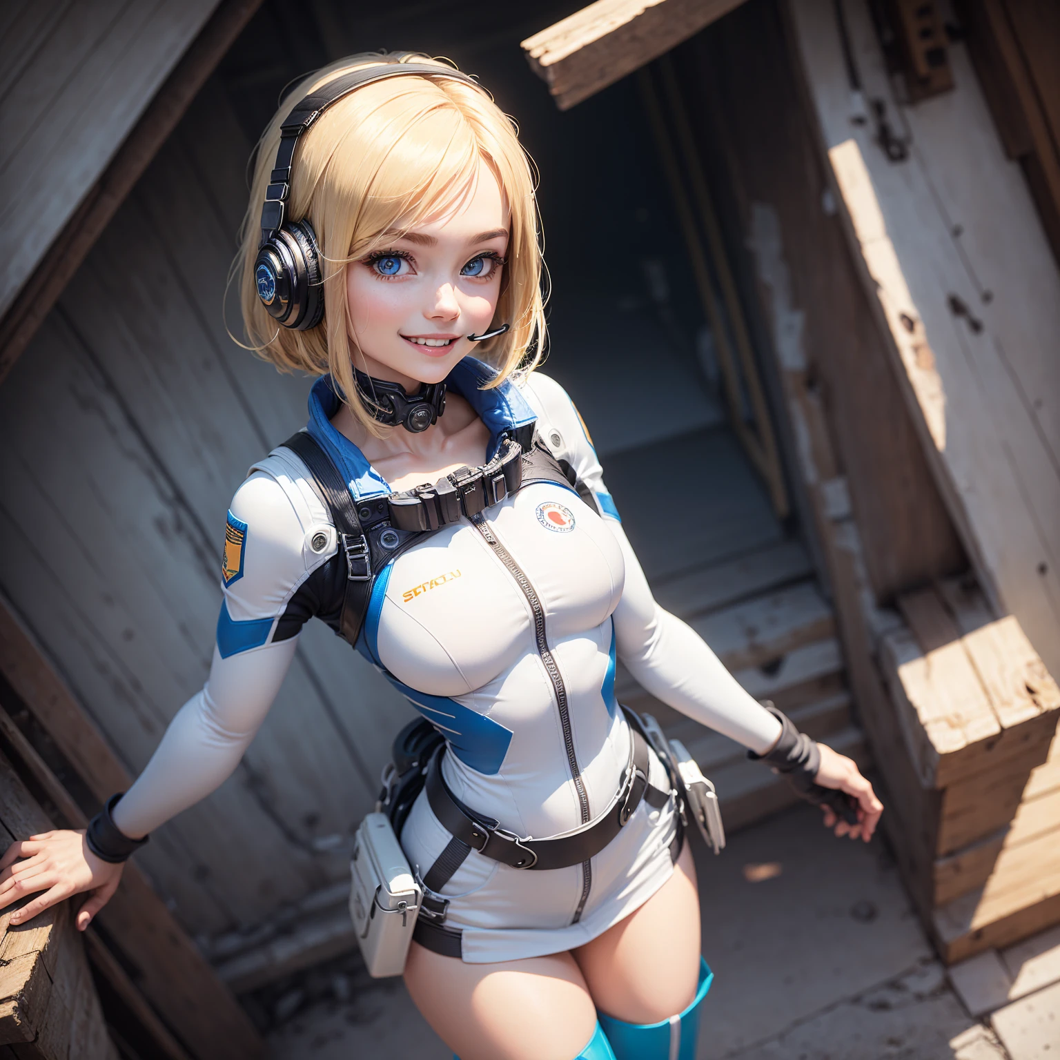 (masterpiece, highest quality, highest resolution, distinct_image, detailed details): (Solo, lone girl, short hair, face is Japan, blonde girl, full body figure, watch viewer, small size breasts, sparkling blue color eyes, pilot suit in white and blue color, tight fit clothes, clothes covering the whole body, beauty, cuteness, light smile, blush, slim body, exoskeleton, heroine, Headset, gloves, knee boots)