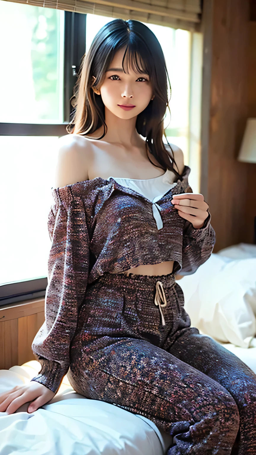 (Photorealism:1.2), Beautiful woman, Sitting on the bed, She is wearing a loose off-the-shoulder top., Pajama pants, Long Curly Hair, indoor, Soft lighting, Background plants, Window with sunlight, Cozy rooms, Relaxed pose, Realistic, Intricate details, Warm colors, 