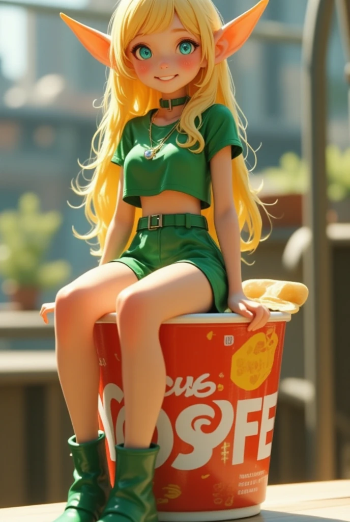 A cup noodle container with the product name printed on the side with the cover tightly closed, A small miniature elf figure sitting on the edge of the cover, full body, PVC texture, long blonde hair, Azure eyes. green short puff sleeve cropped shirt, green low rise shorts, green short boots, smile, super realistic, Tilt lens photography