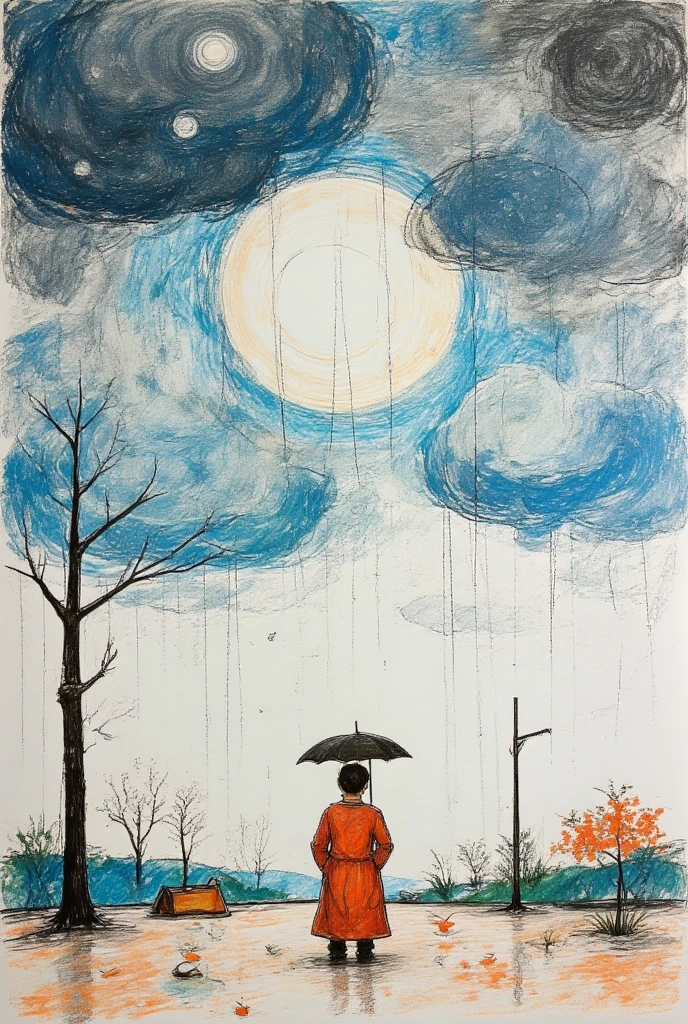 2D, flat, night landscape, stormy and rainy sky ,  lonely man on the horizon under an umbrella, simple drawing