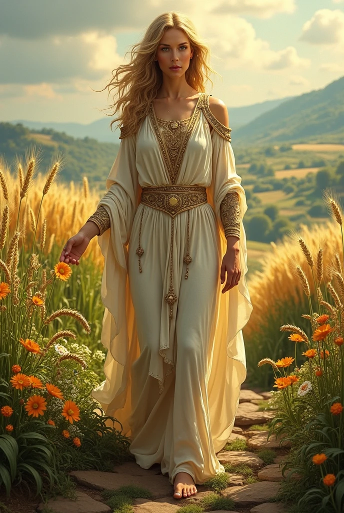 The most beautiful blond girl with big breasts full body image dressed like goddess Lada from slavic mythology, perfect face, perfect body holding wheat, beautiful white dress, gold ornaments, crown