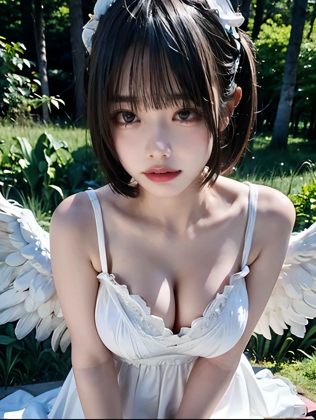 8K, Raw photo, Photorealistic, (Detailed skin, Best Quality:1.2), (Angel wings), ((White camisole dress)), (white head dress, bob hairstyle, bangs), Teenage girl with angel wings, in foggy forest, (cleavage, pale skin:1.2), thighs, deep fog, soft lighting