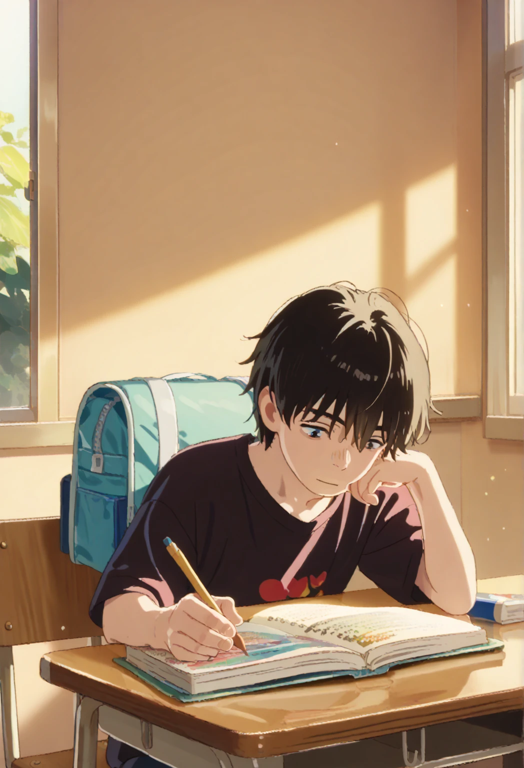 one boy, short hair, student, black hair, 