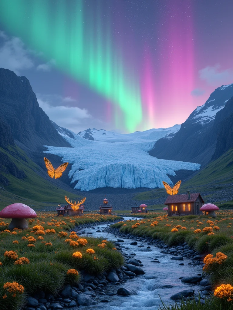 A **high-resolution capture** | ((a surreal **aurora borealis**)) cascading across the skies above a crystalline glacier | the aurora’s vivid **neon greens, magentas, and electric blues** blending with the soft glow of a magical countryside | fields of bioluminescent flowers scattered across lush meadows, their soft light shimmering against the icy foreground | mythical deer with golden, glowing antlers grazing near a crystal-clear stream that winds through the landscape, reflecting the surreal aurora | giant luminous butterflies flutter gently over a whimsical village of mushroom-shaped houses, their windows radiating a warm, inviting glow | **the glacier itself seems alive**, with faint pulsing lights within its icy depths | the entire scene is bathed in an ethereal glow, with a blend of vibrant fantasy colors creating a harmonious, dreamlike world | a seamless **fusion of magical realism and fantasy art**, evoking wonder and enchantment in a realm where nature and magic coexist.”