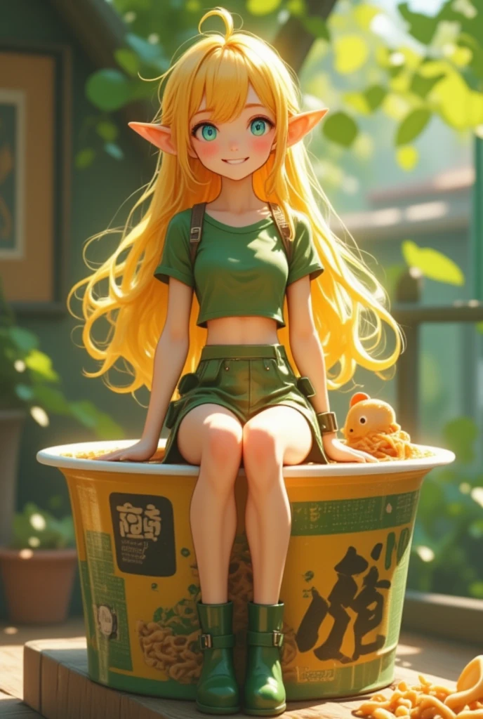 A cup noodle container with the product name printed on the side with the cover tightly closed, A small miniature elf figure sitting on the edge of the cover, full body, PVC texture, long blonde hair, Azure eyes. green short puff sleeve cropped shirt, green low rise shorts, green short boots, smile, super realistic, from above, Tilt lens photography