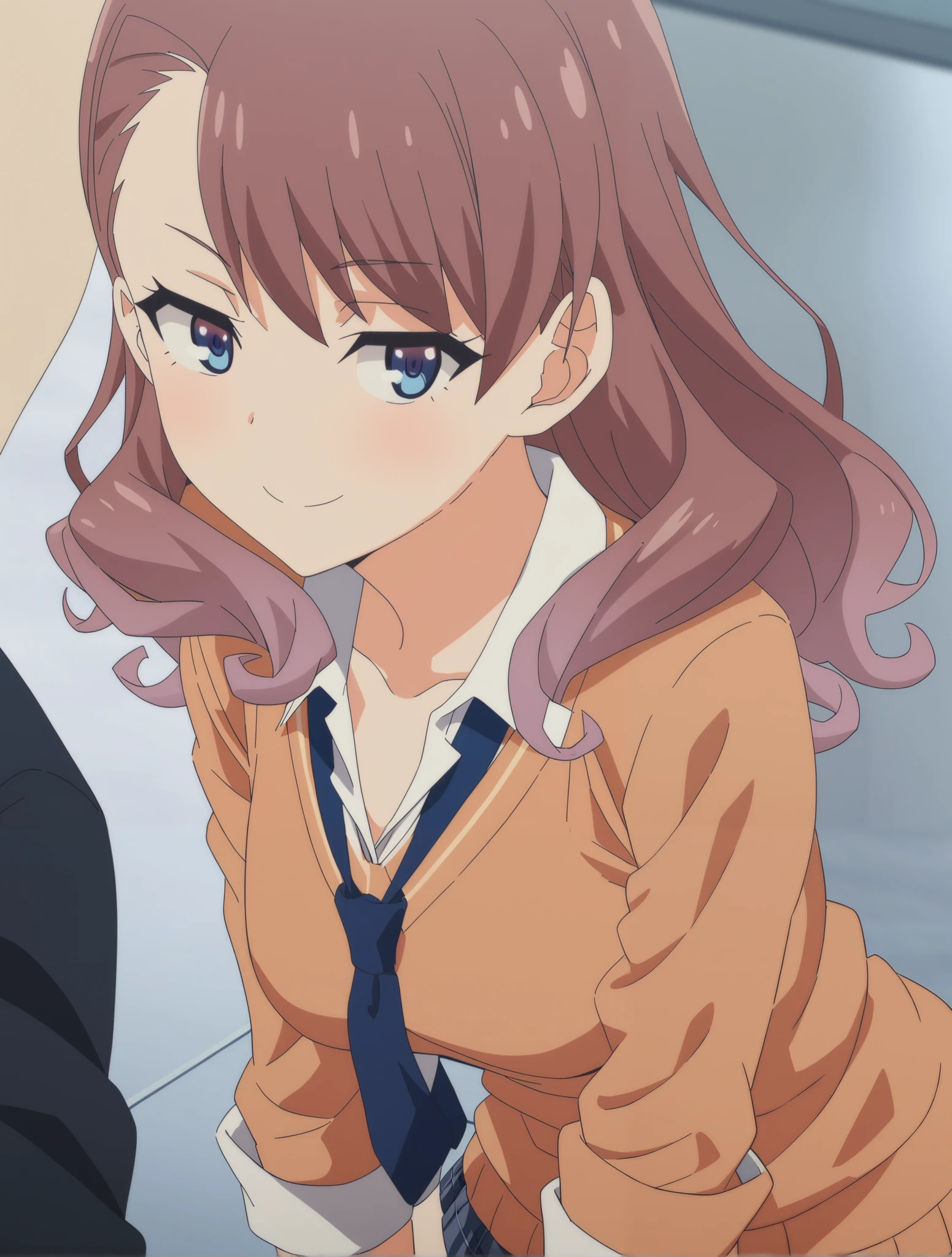 NSWF,satomaya, 1girl, blue eyes, brown hair, bangs, school uniform, shirt, sweater,sleeves rolled up , necktie, jitome, close up, smile, looking at viewer, [anime screencap::0.3], masterpiece,best quality,flipping up the skirt、show off show off one's genitals,Spread legs,emphasizes the butt hole