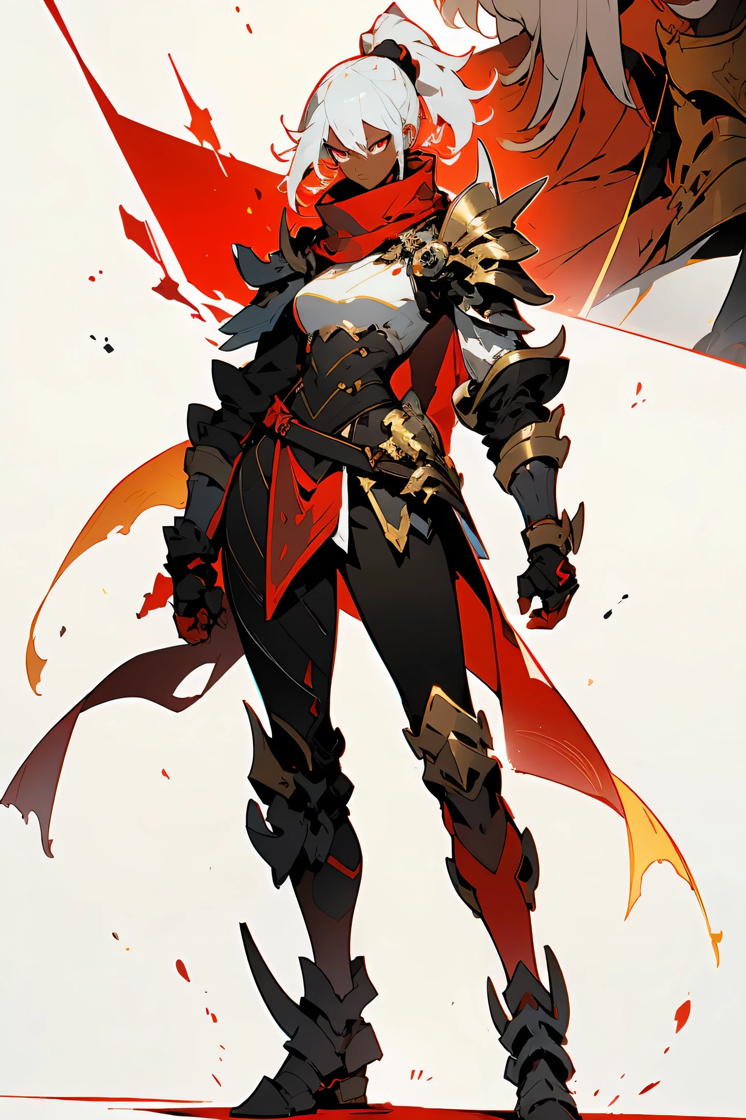 darkskin woman in fantasy clothes, white short hair in a ponytail, red eyes, Torn white scarf, yellow and black Armor, skull-shaped shoulder pad, skull Knee Pads, aura (red), angry, rage mode, full body view, expressive eyes and nose and mouth, un-zoom, highly detailed, white background