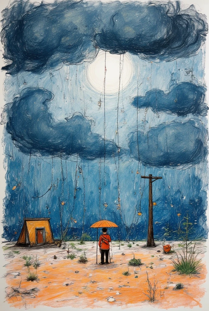 2D, flat, night landscape, Sky without sun, Storm and rain weather ,  lonely man on the horizon under an umbrella,  drawing with cold and dark tones