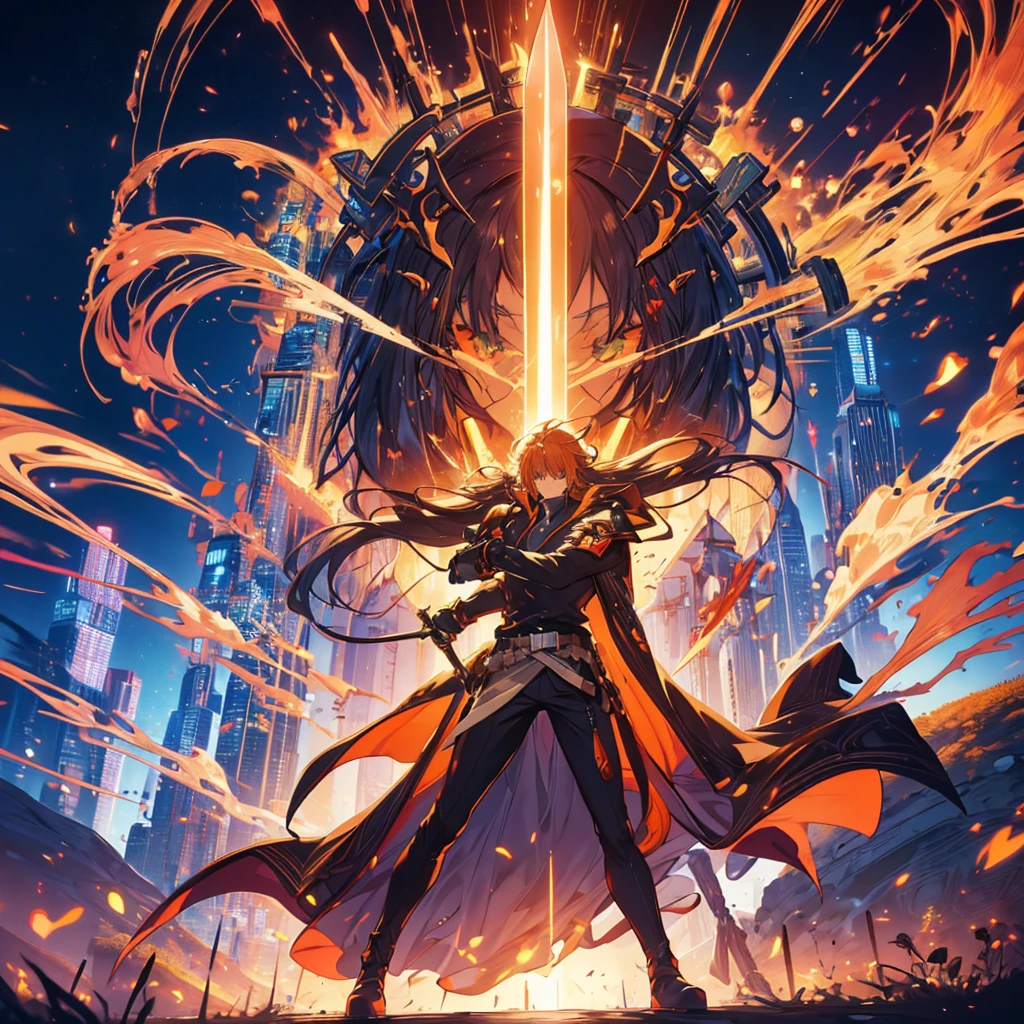 GUILTY GEAR, {{{{{Illustration of a person}}}}, {{{ orange battle coat}}}, Orange and black outfit ,  long brand hair,  straight hair , 36k image quality ,  long bangs  ,  close your mouth and laugh , ４０Old man,  handsome, Narrow green eyes ,  Official Art、  best quality、  Unity 8K Wallpaper 、32K、masterpiece、 super detailed, Male nose, Male Eyes  , Male outline  , {{{ carrying a large red sword }}}, Fighting in the old battlefield ,  acrobatic poses,