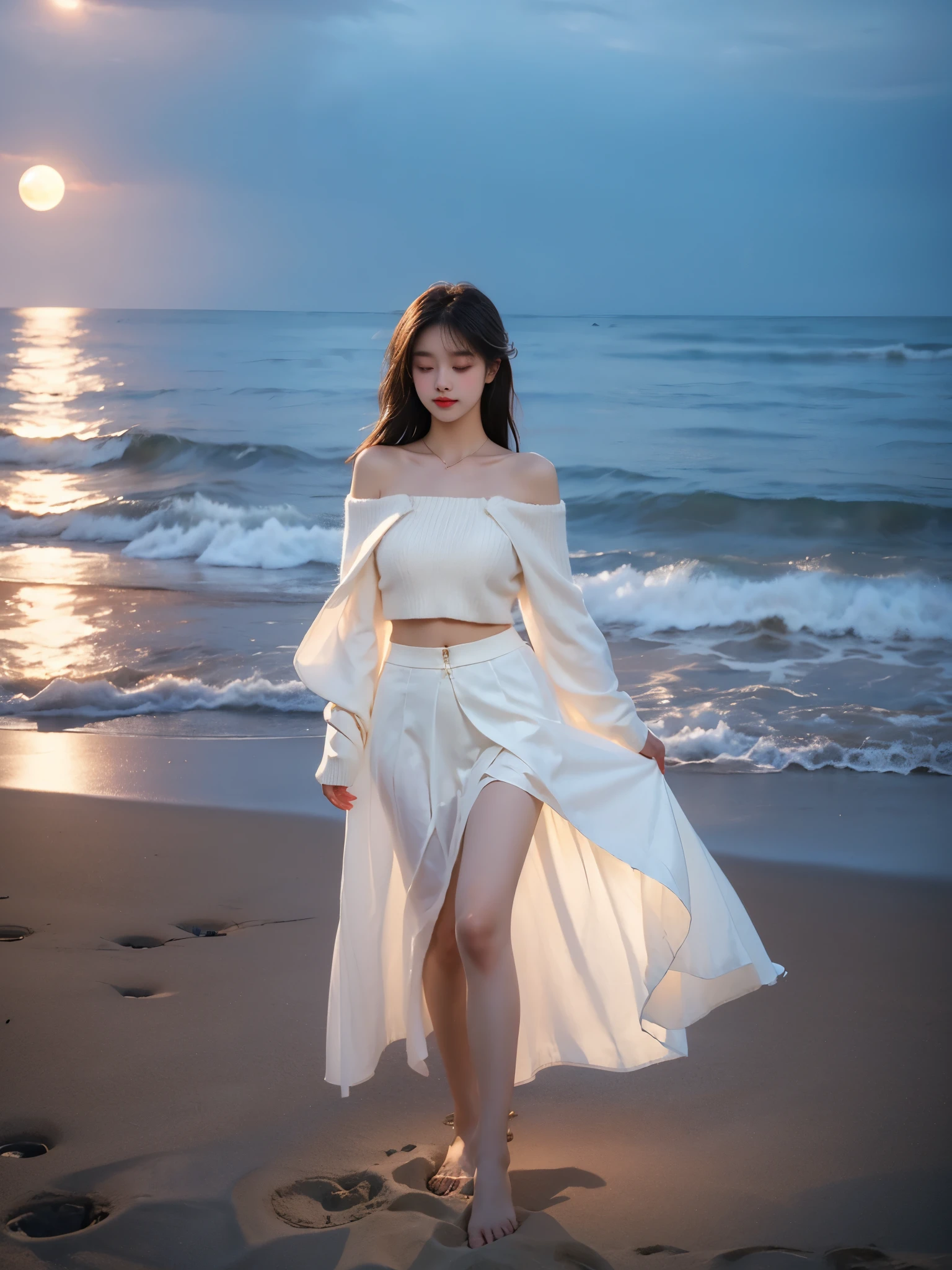 z1pp3rsw3at3r, bare shoulders, midriff, off shoulder, sleeves past wrists, zipper sweater ((Full body)), ((from below)), a graceful young woman standing elegantly at the beach under the soft glow of the moonlight. Her posture is captivating: one leg naturally supporting her body, straight and steady, while the other leg bends gently backward, with her toe lightly touching the ground. She wears a very short skirt, revealing her long, slender, and sensual legs. Her upper body is slightly turned to the side, accentuating her full breasts and visible cleavage, bathed in the warm moonlight. She lifts one hand to her hair, tilting her head slightly to showcase a confident yet sweet smile. Her long hair flows gently, illuminated by the moonlight, adding a dreamy aura. The tranquil waves kiss the shoreline in the background, enhancing the serene and magical atmosphere.