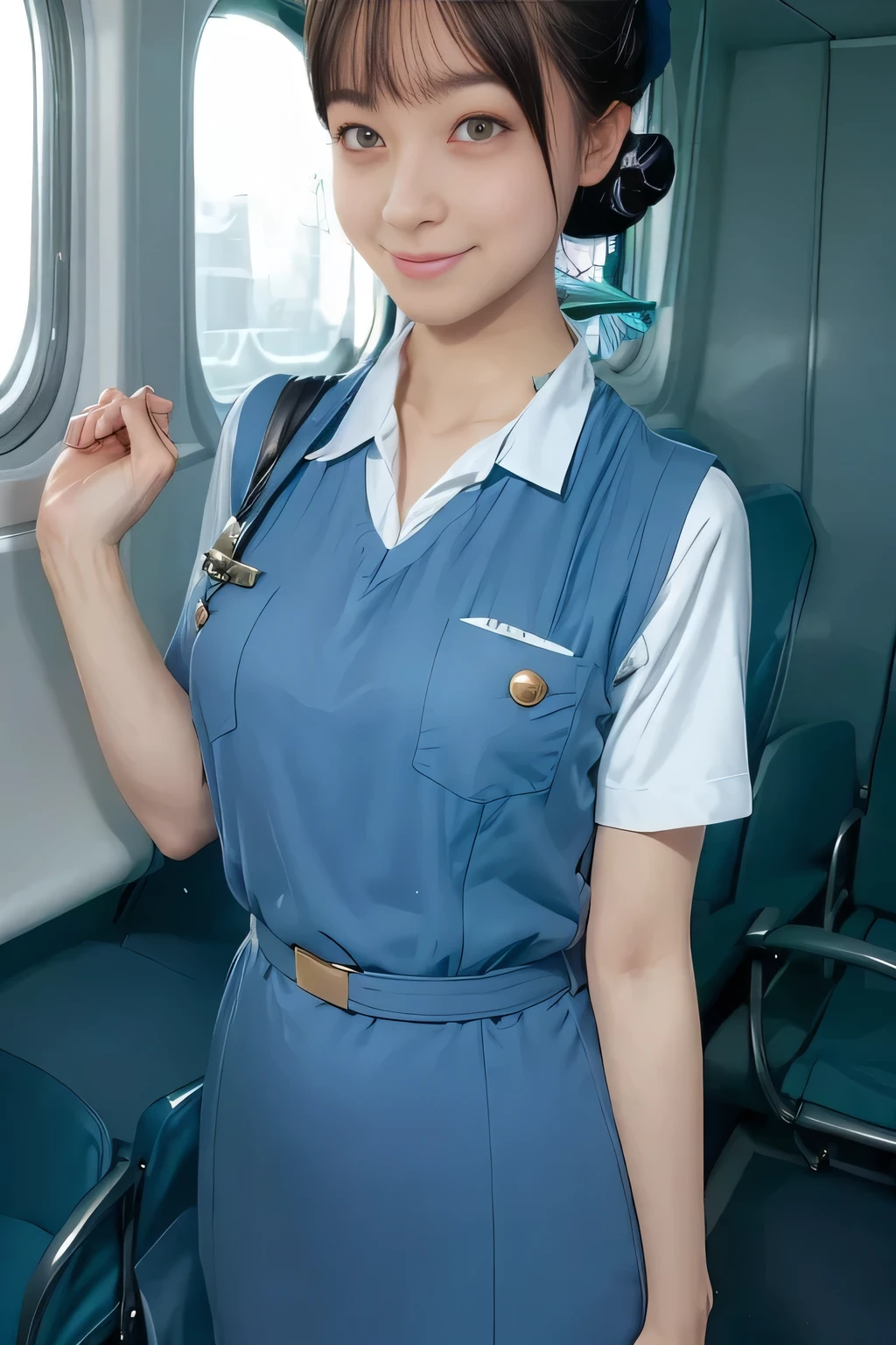 (masterpiece:1.2,  best quality:1.2), 32kHDR,  high definition , (alone、 1 girl)、（Rooftop of a building during the day、Professional Lighting）、With the roof of the building in the background 、（ Realistic Style Japan Air System Flight Attendant Uniform Blue ）、（（Japan Airlines System Flight Attendant Uniform Blue Jumper Skirt 両側にポケット付き、Japan Airlines System Flight Attendant Uniform Blue Jumper Skirt 、Japan Airlines System Flight Attendant Uniform Blue Jumper Skirt with Buttons on Both Chest Pockets 、 white short sleeve blouse 、 Light Blue Vest with Waist 、Scarf around the neck））、  lots of dark brown hair 、（Long Hair、Hair tied up、Hair tied up）、  lots of dark brown hair 、Long Hit、Big Breasts、Thin legs、（（ amazing hands：2.0）），（（ Harmonious Body Proportions ：1.5）），（（Normal limbs：2.0）），（（Usually refers to：2.0）），（（ delicate eyes ：2.0）），（（Normal eyes：2.0））)、smile、（Japan air system cabincrew uniform blueを見せた美しい立ち姿）、Hands crossed underneath 