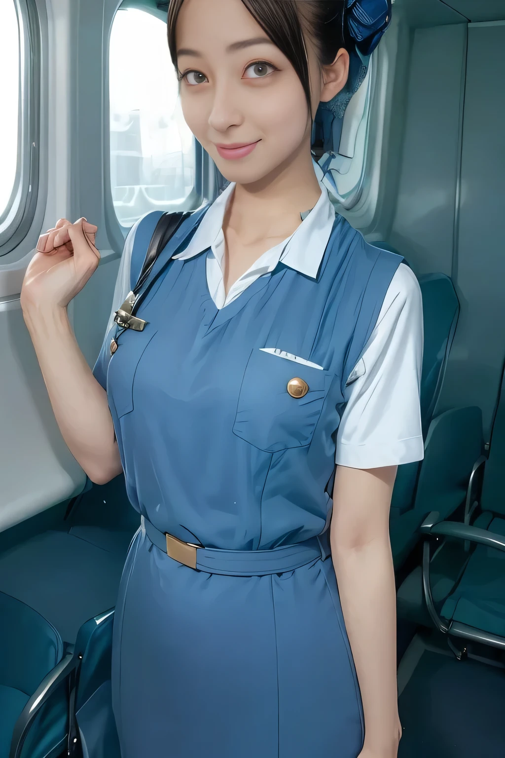 (masterpiece:1.2,  best quality:1.2), 32kHDR,  high definition , (alone、 1 girl)、（Rooftop of a building during the day、Professional Lighting）、With the roof of the building in the background 、（ Realistic Style Japan Air System Flight Attendant Uniform Blue ）、（（Japan Airlines System Flight Attendant Uniform Blue Jumper Skirt 両側にポケット付き、Japan Airlines System Flight Attendant Uniform Blue Jumper Skirt 、Japan Airlines System Flight Attendant Uniform Blue Jumper Skirt with Buttons on Both Chest Pockets 、 white short sleeve blouse 、 Light Blue Vest with Waist 、Scarf around the neck））、  lots of dark brown hair 、（Long Hair、Hair tied up、Hair tied up）、  lots of dark brown hair 、Long Hit、Big Breasts、Thin legs、（（ amazing hands：2.0）），（（ Harmonious Body Proportions ：1.5）），（（Normal limbs：2.0）），（（Usually refers to：2.0）），（（ delicate eyes ：2.0）），（（Normal eyes：2.0））)、smile、（Japan air system cabincrew uniform blueを見せた美しい立ち姿）、Hands crossed underneath 