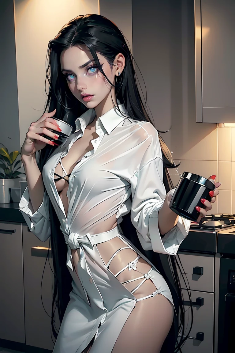 Goddess ((goddess-like woman)), slim, elegant silhouette, masterpiece, best quality, pale skin, fair skin, sweet face, (masterpiece: 1.2, best quality), (real picture, intricate details), (1 lady, solo, medium tits, small waist, ), ((Jinx/LOL)), beautiful face, kissable lips, very long black hair, hair slicked back, (very long black hair), black hair, mint green glowing eyes, glowing eyes, crazy eyes, she has an impressive presence, beautiful face, perfect makeup, Beautiful Eyes, big eyes, she looks at the viewer, she is wearing a ((black lingerie under a white shirt.)). Bfshirt. cleavage, sweet irresistible smile, elegant pose, elegant hands, beautiful hands, perfect fingers, background: it's early in the morning , in a kitchen, ((holding a cup of coffee)). bokeh,