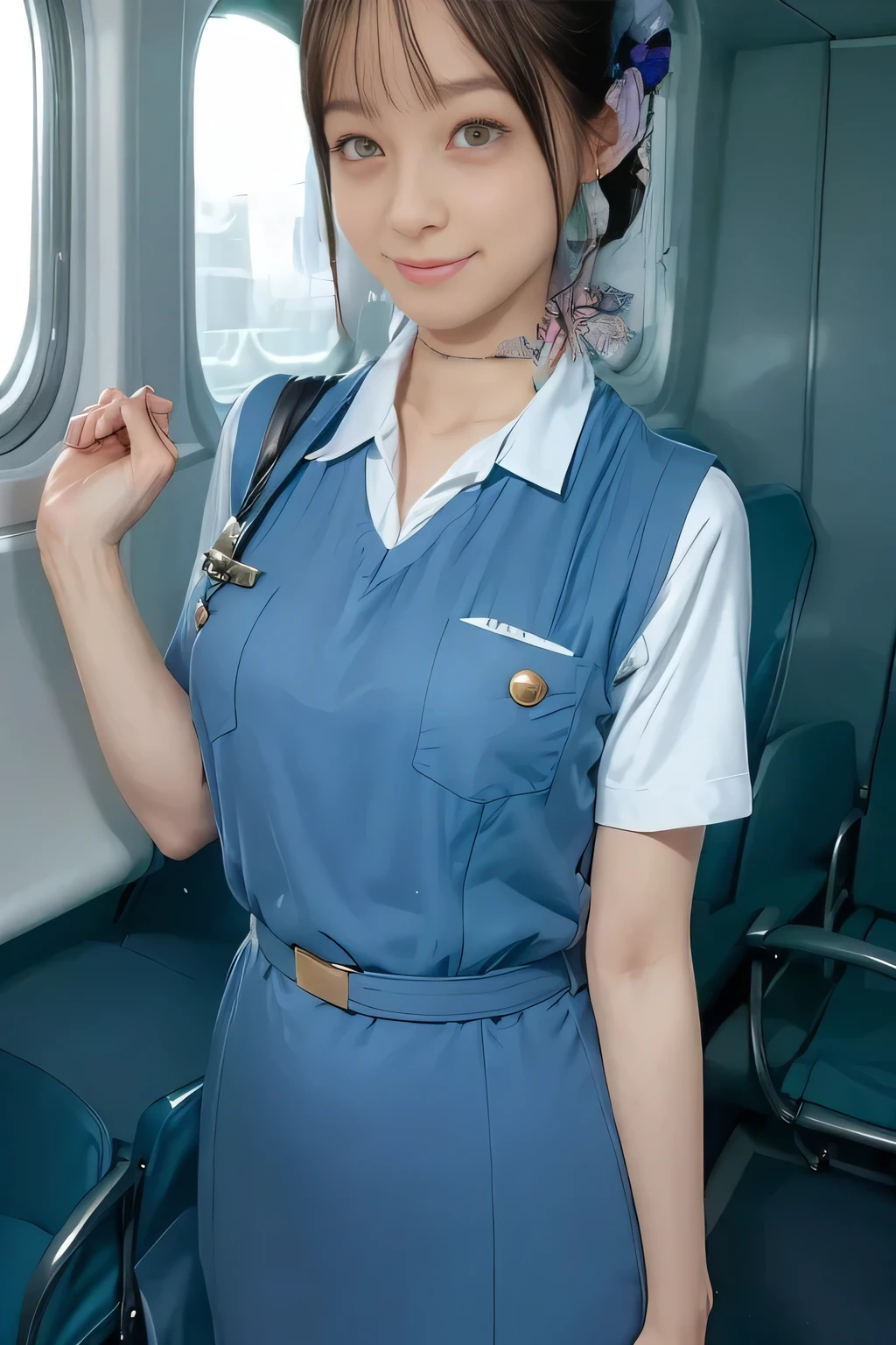 (masterpiece:1.2,  best quality:1.2), 32kHDR,  high definition , (alone、 1 girl)、（Rooftop of a building during the day、Professional Lighting）、With the roof of the building in the background 、（ Realistic Style Japan Air System Flight Attendant Uniform Blue ）、（（Japan Airlines System Flight Attendant Uniform Blue Jumper Skirt 両側にポケット付き、Japan Airlines System Flight Attendant Uniform Blue Jumper Skirt 、Japan Airlines System Flight Attendant Uniform Blue Jumper Skirt with Buttons on Both Chest Pockets 、 white short sleeve blouse 、 Light Blue Vest with Waist 、Scarf around the neck））、  lots of dark brown hair 、（Long Hair、Hair tied up、Hair tied up）、  lots of dark brown hair 、Long Hit、Big Breasts、Thin legs、（（ amazing hands：2.0）），（（ Harmonious Body Proportions ：1.5）），（（Normal limbs：2.0）），（（Usually refers to：2.0）），（（ delicate eyes ：2.0）），（（Normal eyes：2.0））)、smile、（Japan air system cabincrew uniform blueを見せた美しい立ち姿）、Hands crossed underneath 